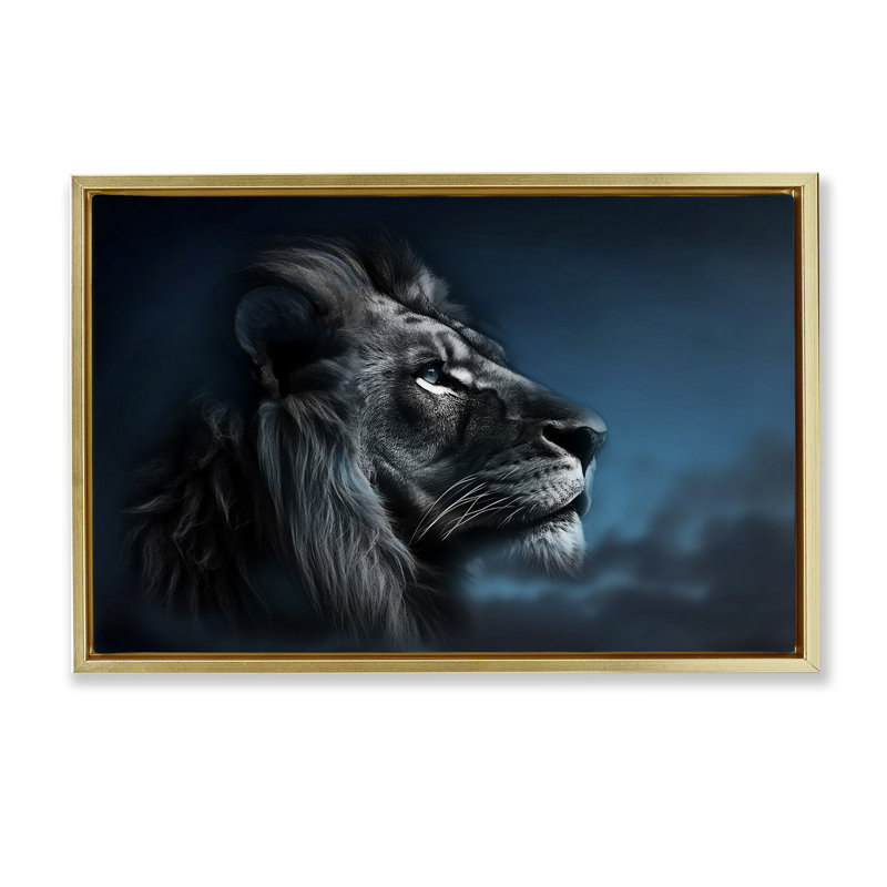 Toile flottante encadrée Intense Gazing Lion par CAD Designs, H 21 po x l 31 po, Cadre flottant orme Montalcino