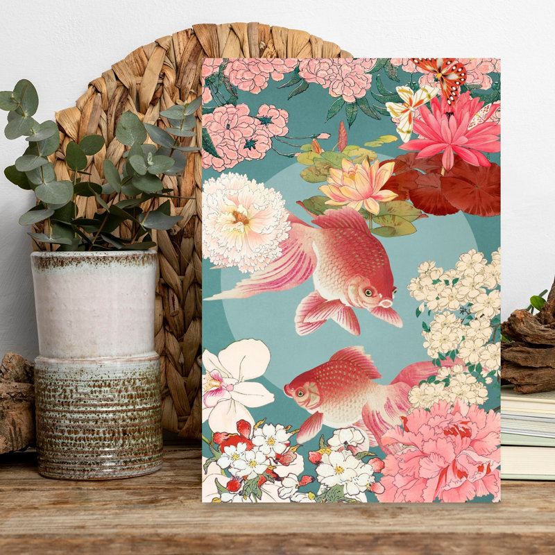 «Graceful Goldfish Pond Delicate Peaceful Serene Goldfish Butterfly Cherry Nature Flower», art mural, H 18 po x l 12 po