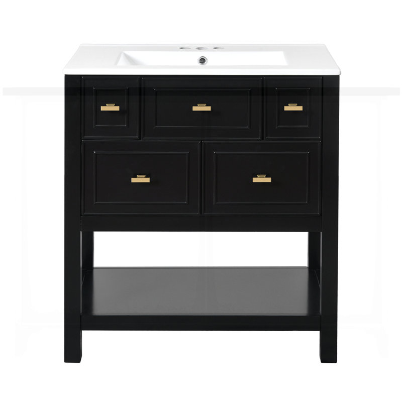 Free Standing Single Vanity Set with 5 Drawers, Black