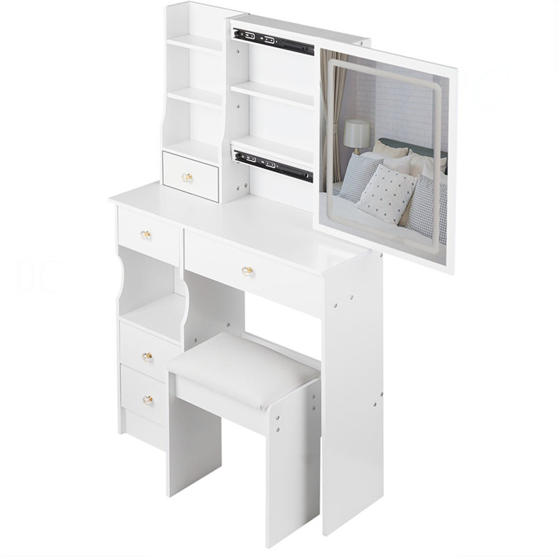 29.2" Small Size Left Drawer Desktop Vanity Table + Cushioned Stool, Large Sliding, Touch Control, Tri-Color Switching, Brightness Adjust LED Mirror, High Capacity Storage, Suitable For Small Space