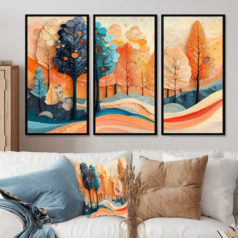 «4 Seasons Forest Trees Dream Fragments I», art mural sur toile, 3 panneaux, H 28 po x l 36 po, Noir