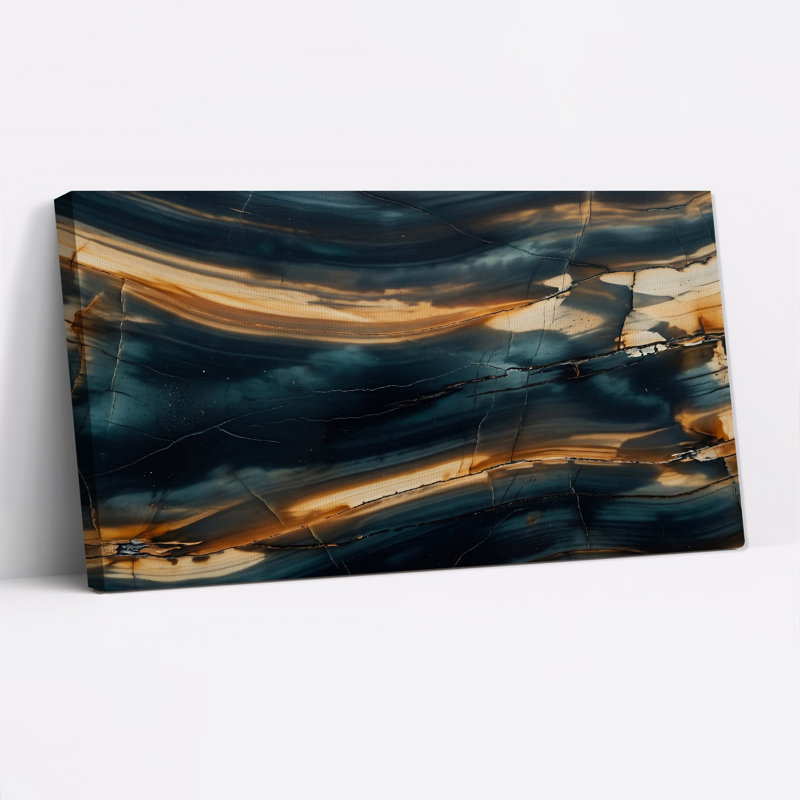 Tableau sur toile texturée d'agate bleu foncé et or, L 58 po x H 28 po