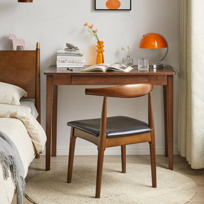 Petit bureau en bois massif avec tiroir de rangement, table de travail d'ordinateur rétro minimaliste, bureau d'écriture compact pour la chambre à coucher et les petits espaces, brun noyer