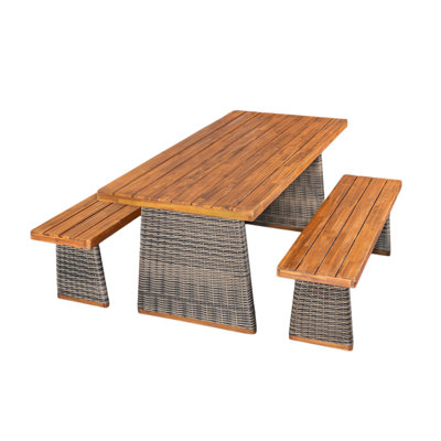Ensemble repas d'extérieur 3 pièces en bois d'acacia avec pieds en rotin tissé à la main