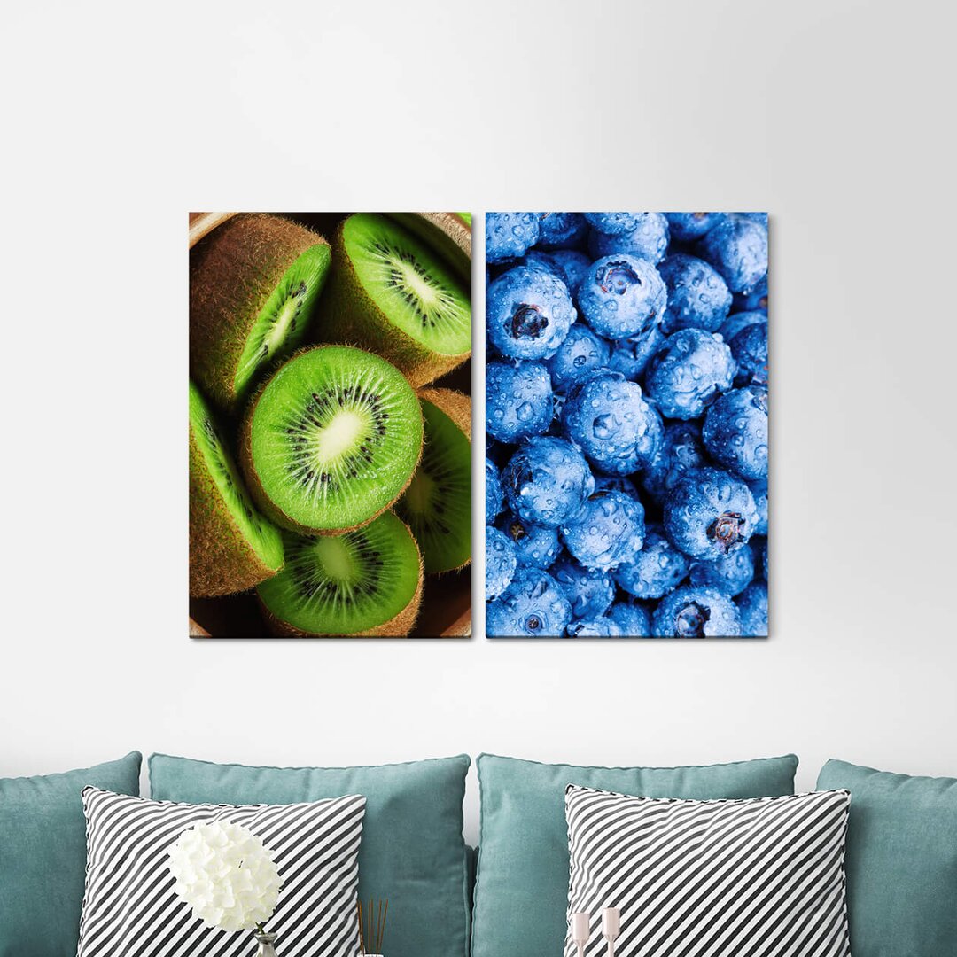 2-tlg. Leinwandbilder-Set - Fotografie „Kiwis Blueberries Water Drops Fresh Fruits Delicious Kitchen”