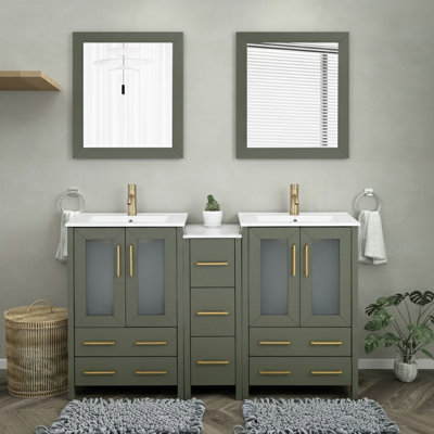 Ensemble de meuble-lavabo autoportant à double cuve 60 po avec plateau en céramique et miroirs assortis Brescia