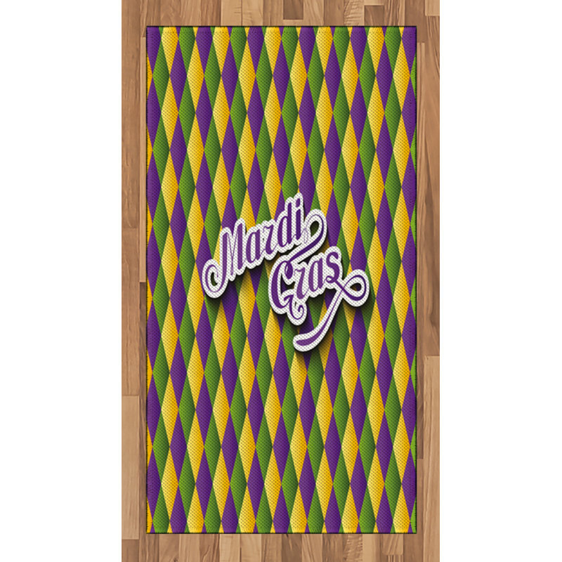 Ambesonne Mardi Gras Area Rug, Hand Writing Calligraphy Design On Diamond Line Pattern Iconic Colours, Flat Woven Accent Rug For Living Room Bedroom Dining Room, 2.6' X 5' , Purple Green Yellow