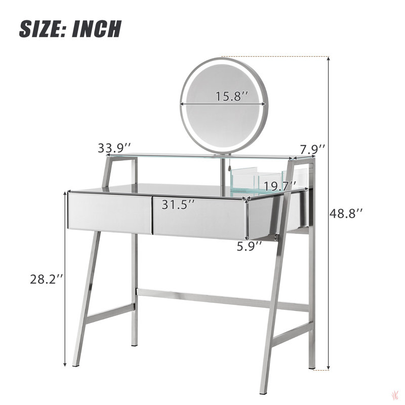 33.9" Mirrored Makeup Vanity Desk With Mirror And Lights, Mirrored Console Vanity Table With 2 Big Drawers & Open Shelf, Dressing Table With Charging Station For Bedroom, Silver