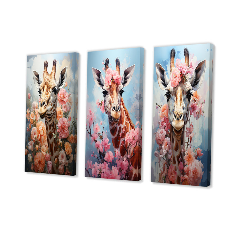 Mignonne rose girafe à motif floral - ensemble de 4 décorations murales girafes, Toile tendue, H 32 po x l 48 po