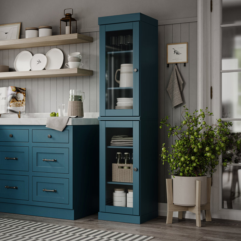 Jaylena 100% Solid Wood 16.5" Pantry Cabinet with Clear Glass Doors and Adjustable Shelves, Teal Blue