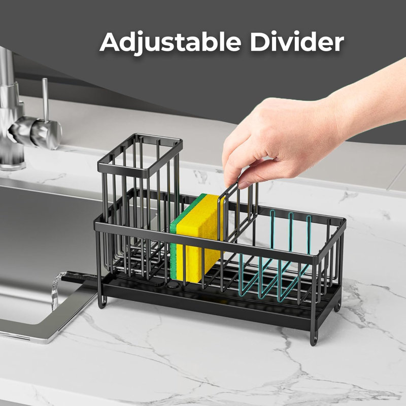 Stainless Steel Kitchen Sink Caddy Organizer With Draining Tray, Rustproof Sponge Holder For Sink, Adjustable Compartments, Space-Saving Design