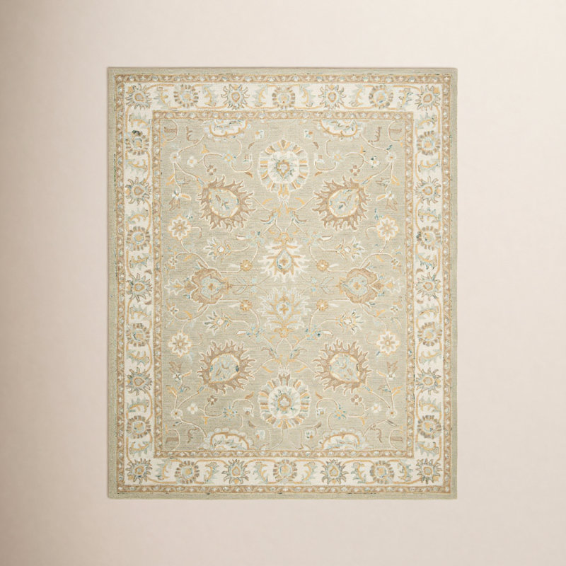 Tapis oriental en laine touffeté à la main de couleur sauge / ivoire Desmondia, Rectangle 5 pi x 8 pi