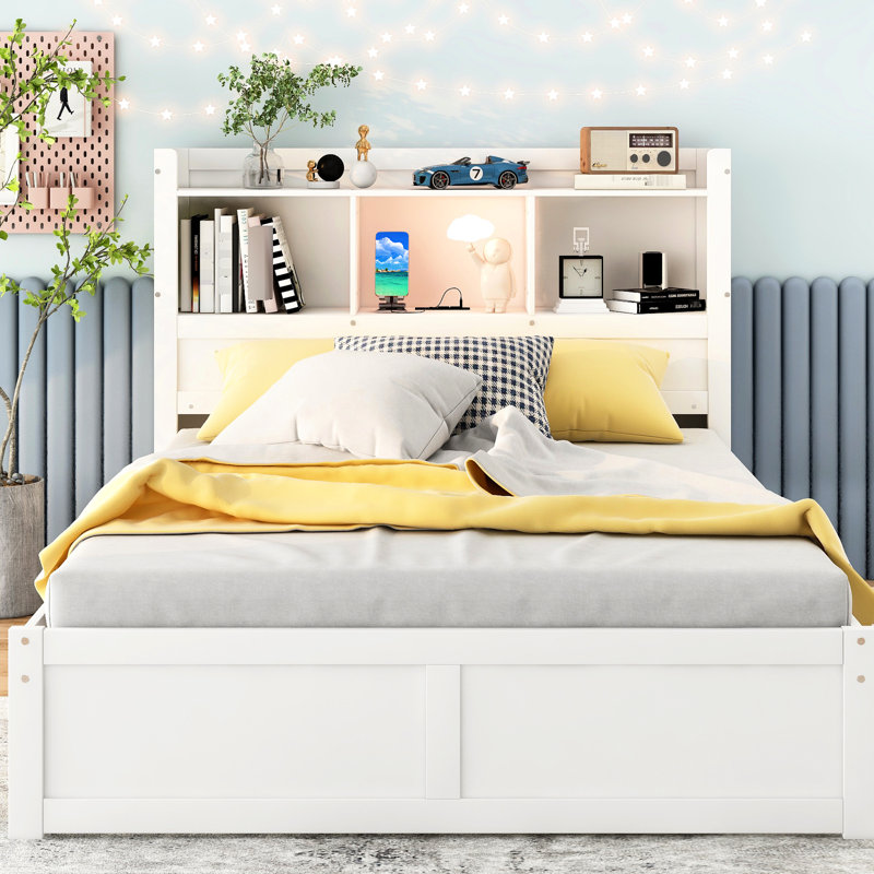 Lit de rangement blanc avec tablettes coulissantes, lit gigogne simple, 2 tiroirs et tiroirs en bois, construction solide, aucun sommier requis