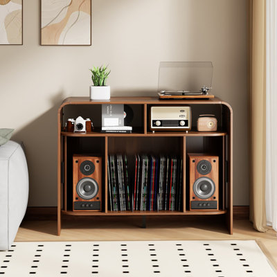 Mid Century Modern Record Player Stand With Sliding Doors, Fluted Vinyl Storage Media Cabinet, Turntable Stand