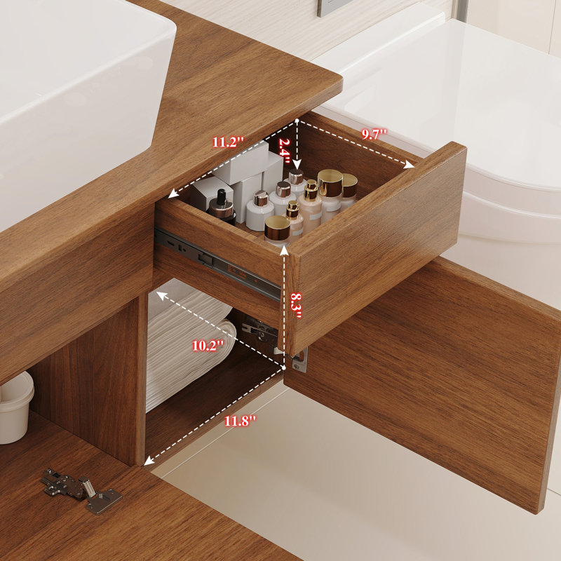 Petit meuble-lavabo flottant simple 31,5 pouces avec vasque en céramique, Noyer