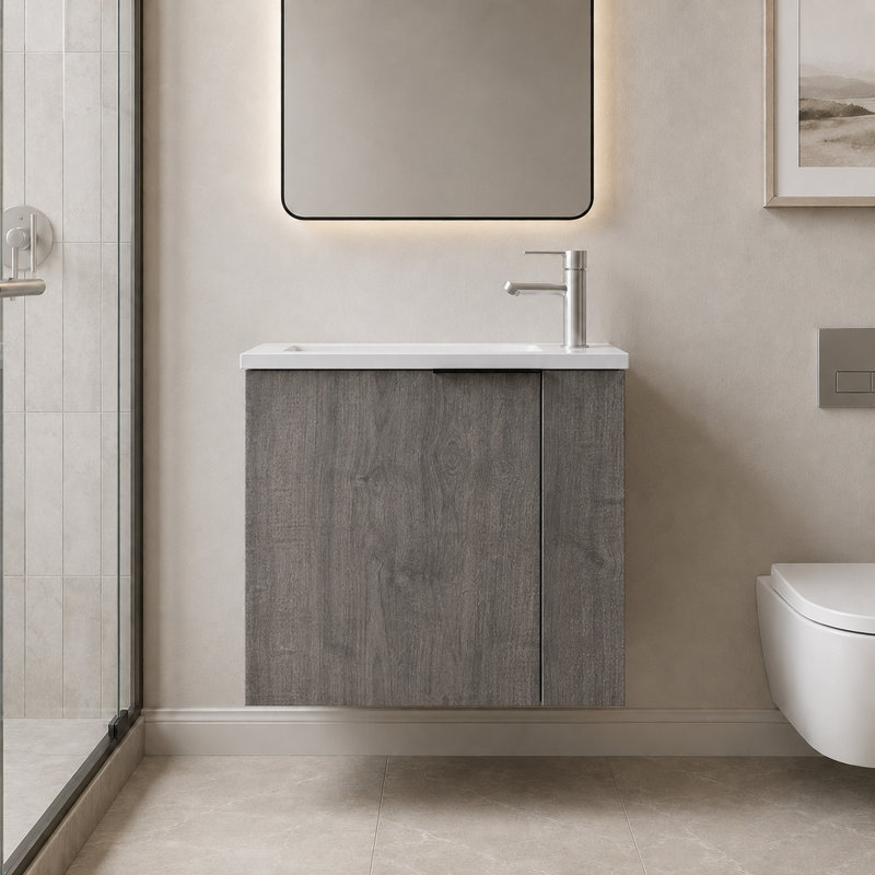Meuble-lavabo simple flottant gris 22 po avec lavabo en céramique et portes à fermeture en douceur
