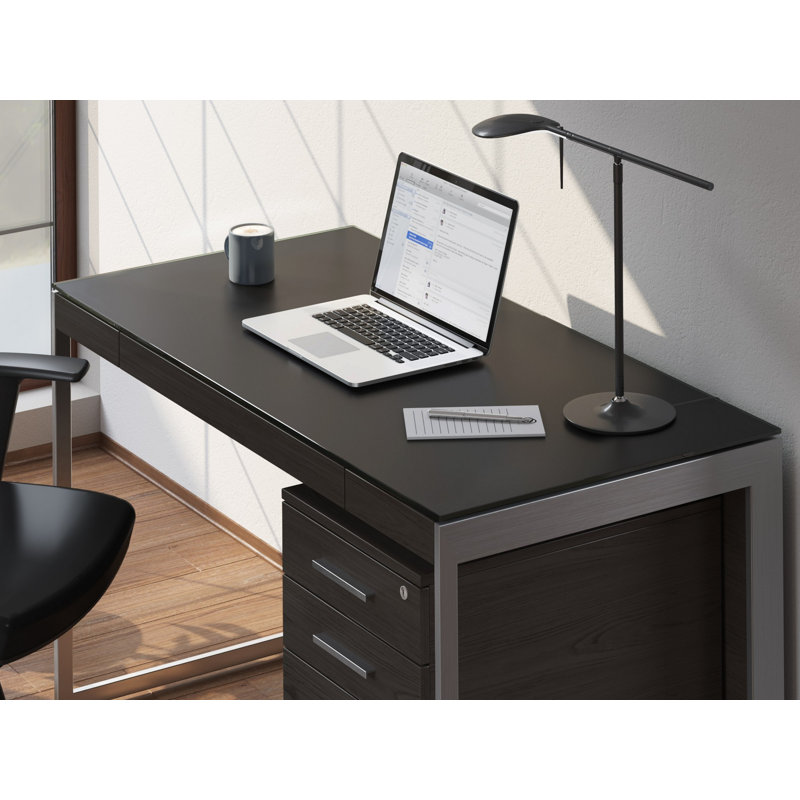 Sequel Desk With Back Panel, Charcoal Stained Ash/Satin Nickel