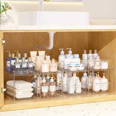 Organisateur de rangement de salle de bain à 2 niveaux, paquet de 4 organisateurs transparents sous l'évier, comptoir de rangement pour armoire à pharmacie, bacs à pharmacie, rangement coulissant avec garde-manger, cuisine