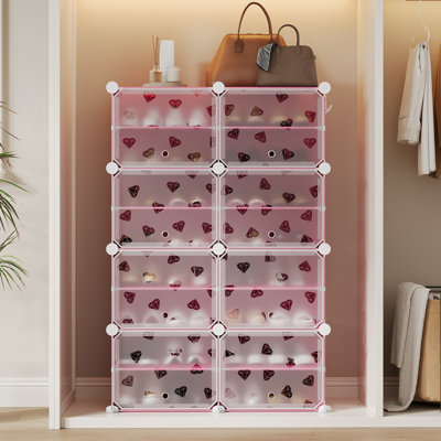 8-Cube Modular Shoe Storage Cabinet, Pink Plastic Shoe Organizer with Diamond Print Doors, Stackable Shoe Rack with Side Hooks for Entryway, Closet, B