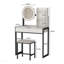 Petit bureau de coiffeuse avec miroir et lumières, coiffeuse de maquillage avec miroir à DEL, 3 modes d'éclairage, prise de courant, tiroir, tablettes ouvertes et tabouret rembourré pour la chambre à coucher (blanc et noir)-660660369