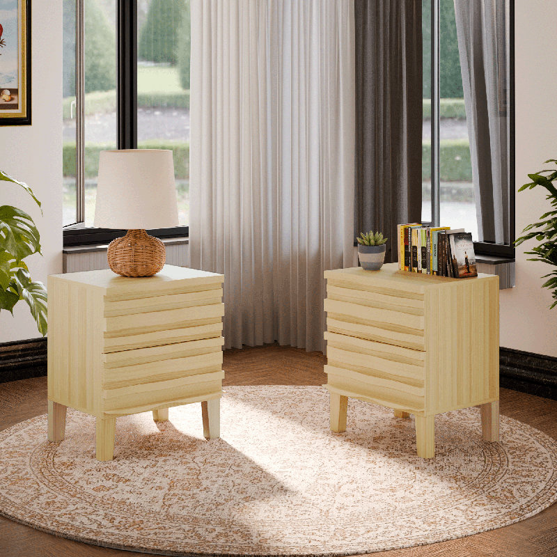 Table de chevet 19,7 po avec tiroirs en bois massif, Ivoire ivoire