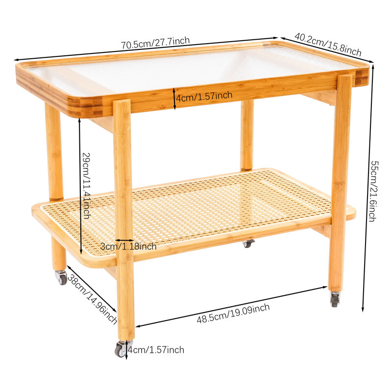 2 Tier Rattan Simple Side Table Coffee Table With Wheels