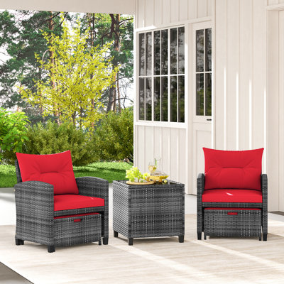 5 Piece Patio Rattan Furniture With 2 Ottomans & Tempered Glass Coffee Table