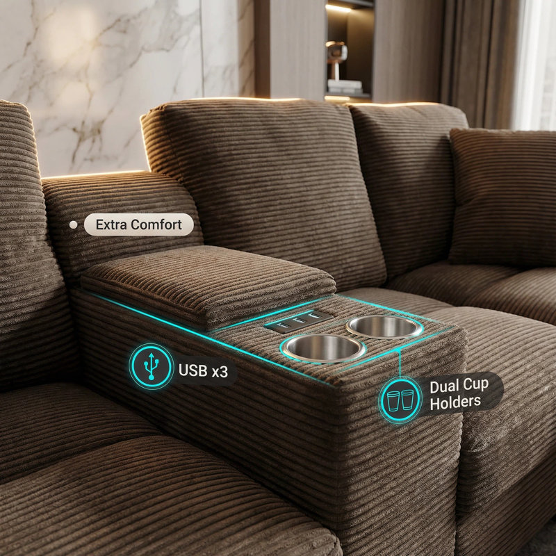Modern U-Shaped Sectional Sofa with Storage Ottomans, Cup Holders & USB Ports, 116.9in, Brown