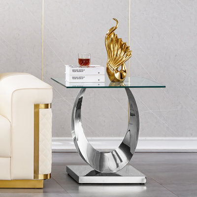 Ensemble de 4 tables basses en verre, ensemble de table de salon moderne avec 1 table basse, 2 tables de bout et 1 console, ensemble de tables basses en verre de luxe avec base en acier inoxydable en forme de lune pour le bureau à domicile