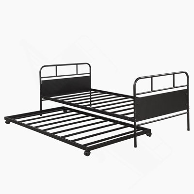Metal Daybed Platform Bed Frame With Trundle Built-In Casters