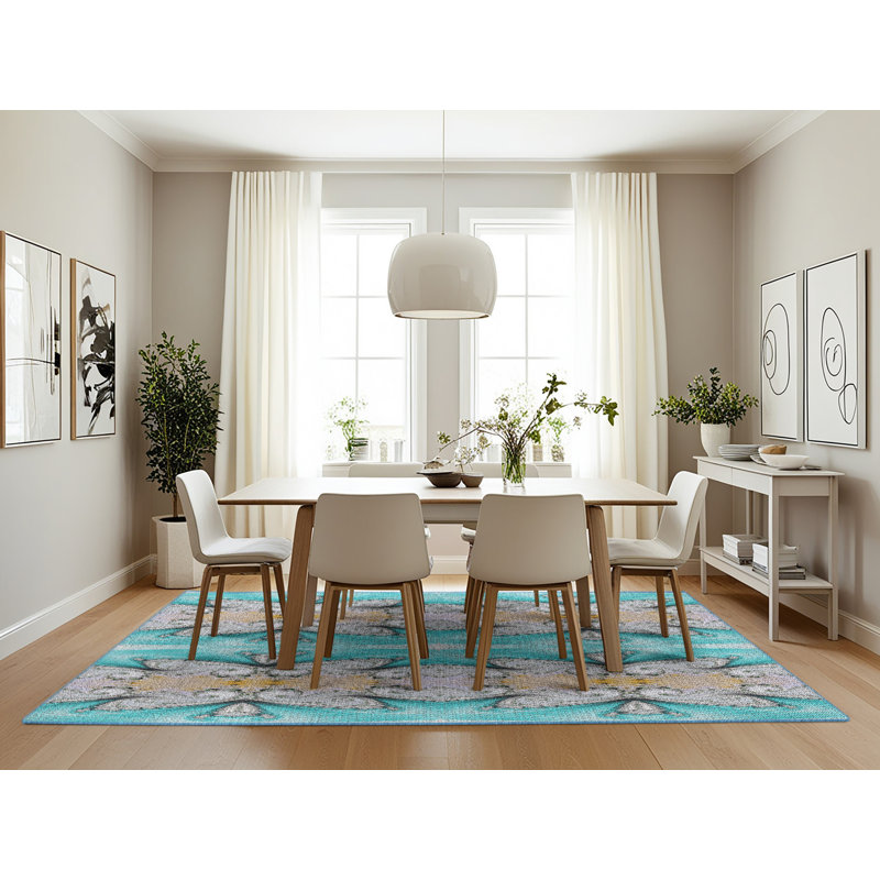 Tapis géométrique bleu / beige, Rectangle 7 pi x 10 pi