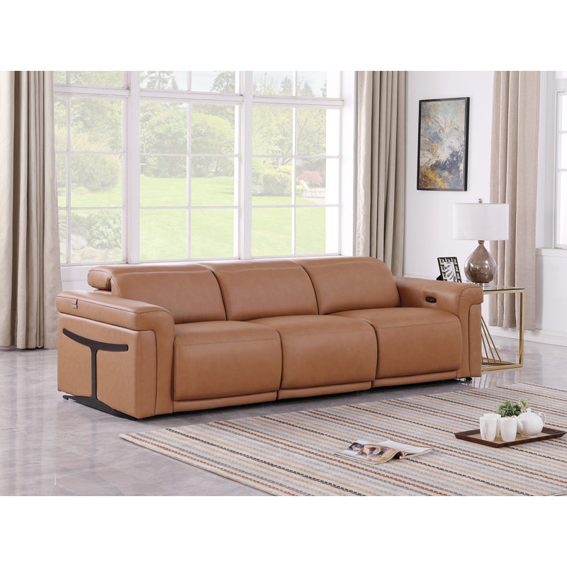 3-Power Seat Reclining Italian Leather Sofa With Power Headrest, Cognac