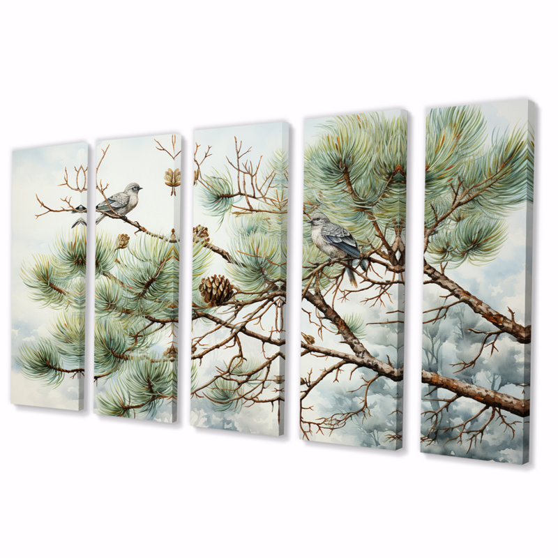 " Bird On Pine Tree I " 5 - Pieces