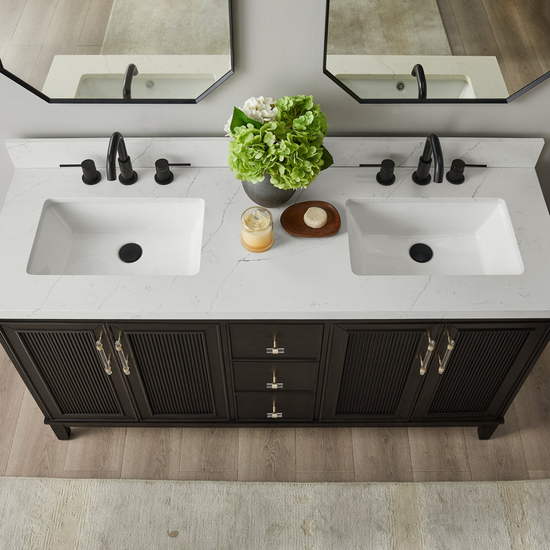 Meuble-lavabo double 60 po avec plateau en quartz Sianni, Black Cherry