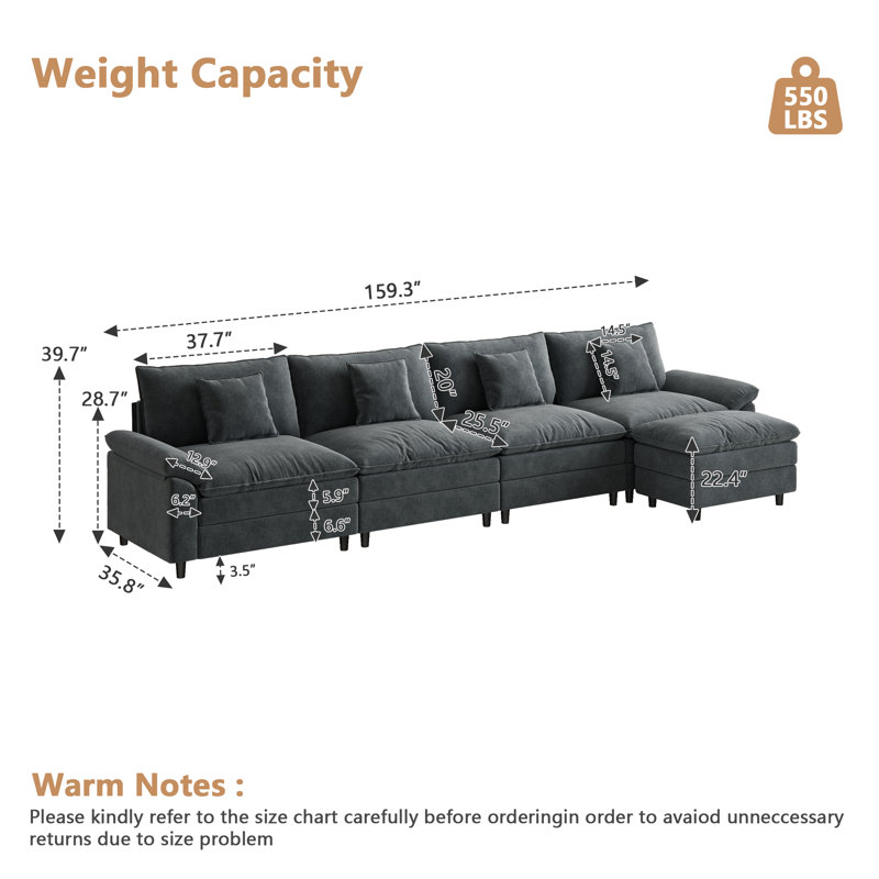 Canapé modulaire en chenille de 159,3 po en L, Gris