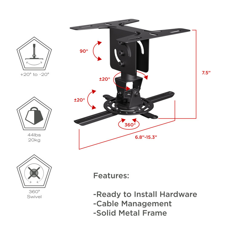 Premium Universal Overhead Ceiling Projector Mount – Swivel & Tilt, Supports up to 44 lbs, Matte Black, Cable Management