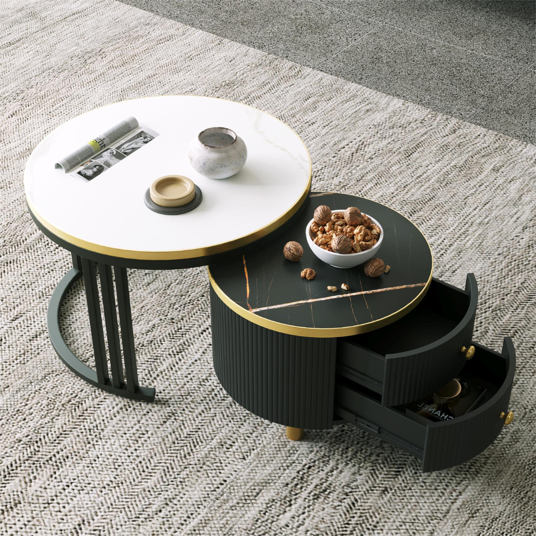Modern Round Gold & Black Nesting Coffee Table with Shelf Tempered Glass  Top 2 Piece Set