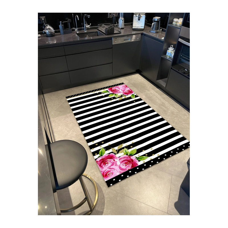Tapis décoratif noir à motif floral noir, Rond 5 pi