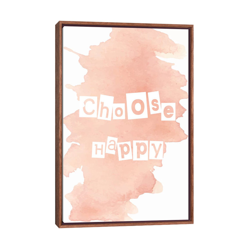 Choisir heureux - impression d'art textuel, H 26 po x l 18 po x 1,5 po, Toile avec cadre brun, Pas de tapis