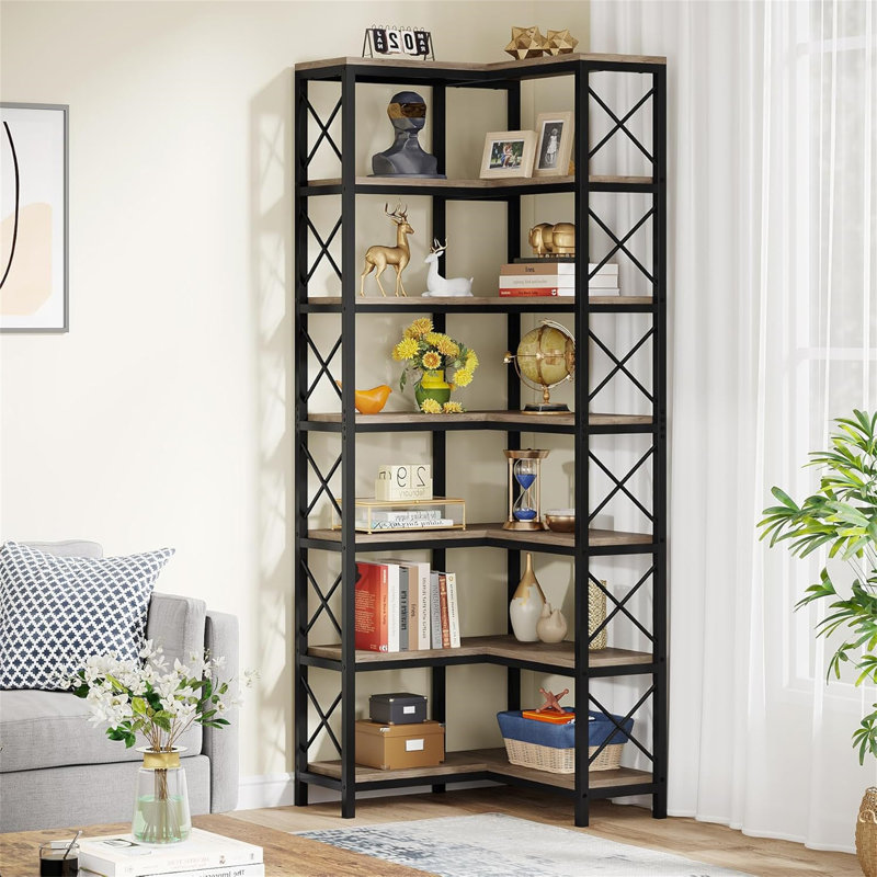 79.53" Tall 7-Tier Large Corner Bookshelf, Gray