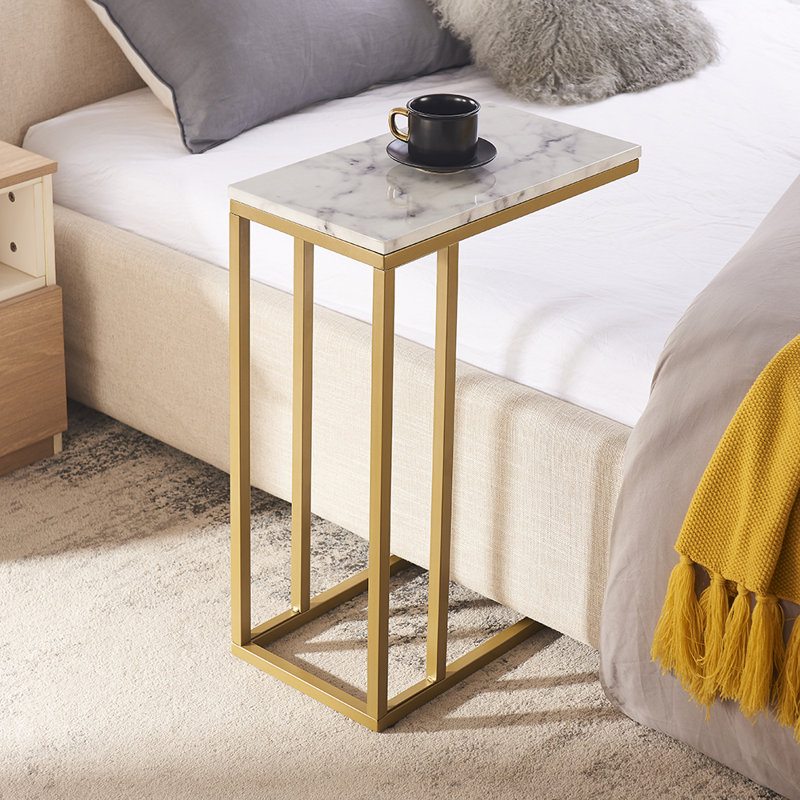 C Table End Table, White Faux Marble Top/ Gold Base, 63.5 H x 46.48 W x 25.4 D cm