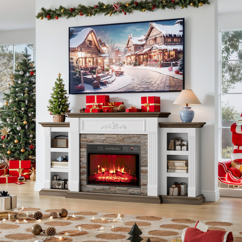 72" Farmhouse Electric Fireplace With Mantel, Fireplace Tv Stand For Tvs Up To 80 Inch, Entertainment Center With Storage, Realistic Stacked Stone Surround For Living Room