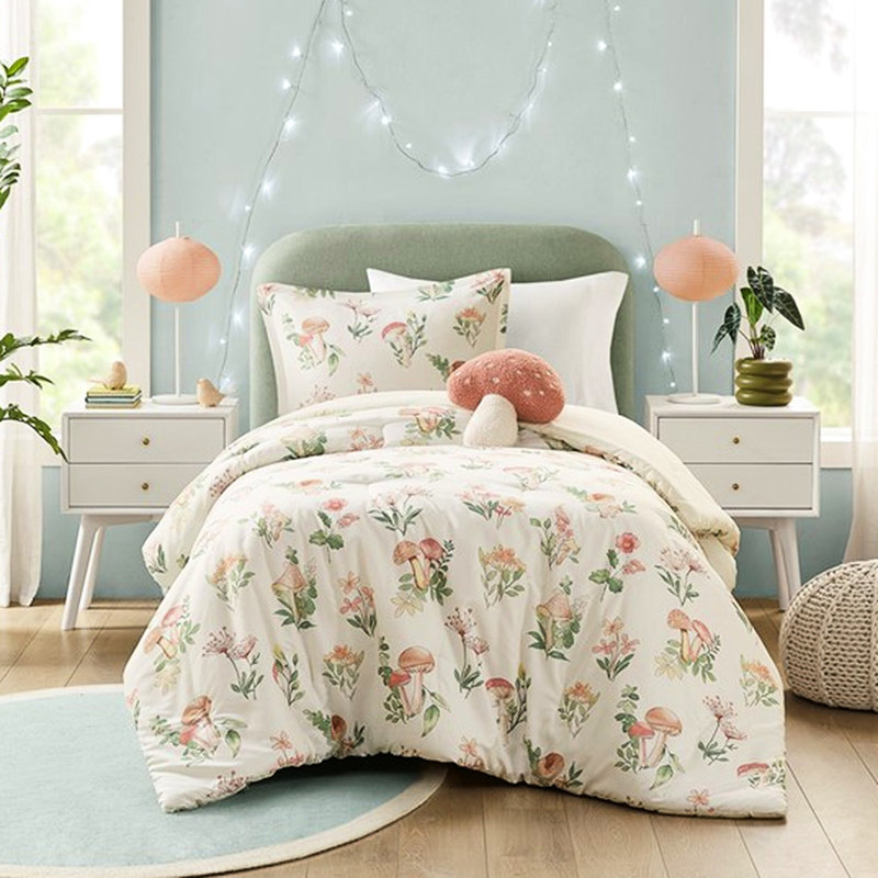 Literie double / grand, imprimé de champignons et de fleurs, édredon en microfibre, jardin coloré,