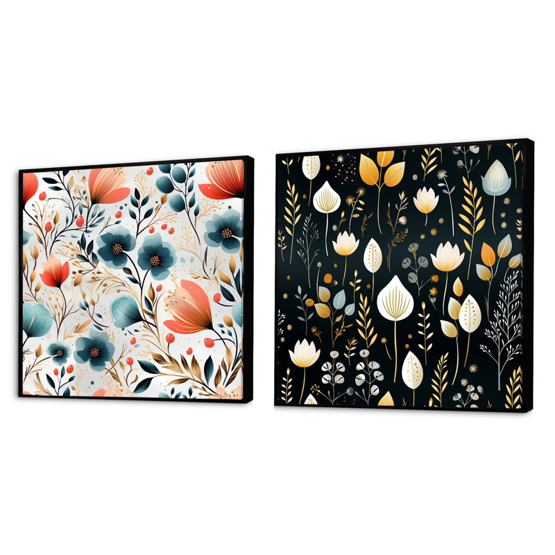 Isaure - Abstract Botanicals Square Collage Set Of 2, Black Floater Framed, 16" H x 33" W