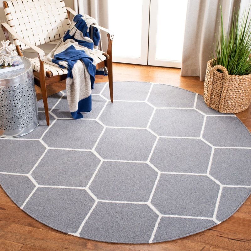 Rodgers Hand Woven Flat Weave Wool/Cotton Geometric Rug in Ivory/Gray, Round 6'