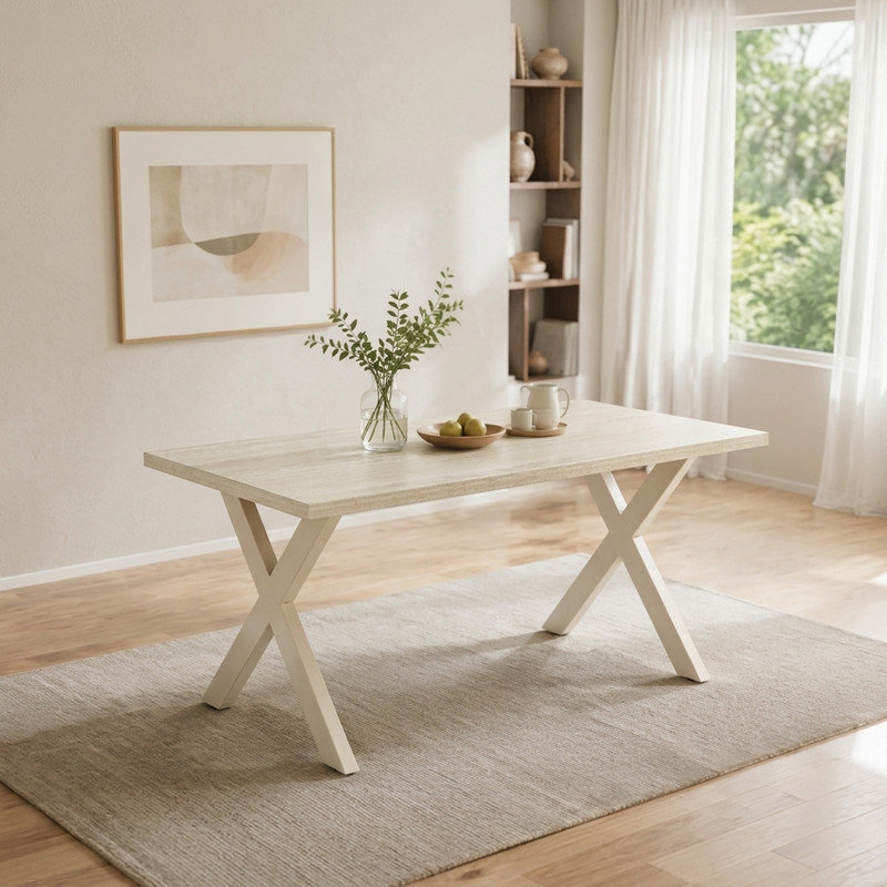 Dining Table with Steel Base, Travertine/Beige