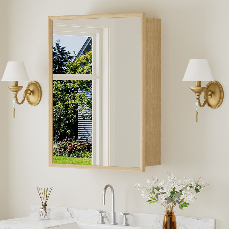 20" W X 28" H Beveled Edge Light Oak Finish Wood Medicine Cabinet with Mirror, Adjustable Shelves, Soft-Close Hinges and Reversible Door, Wall-Mount or Recessed for Makeup, Shaving or Bathroom Vanity Storage