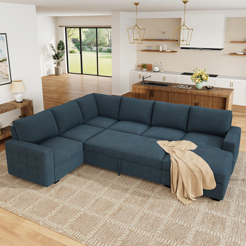 Brunella U-shaped Corduroy Sectional Sleeper Sofa Pull Out Sofa Bed, Blue Corduroy