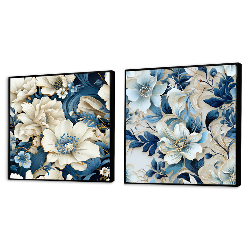 Coastal Breeze Paisley Motif III - Ensemble de 2 collages carrés floraux et botaniques, Cadre flottant noir