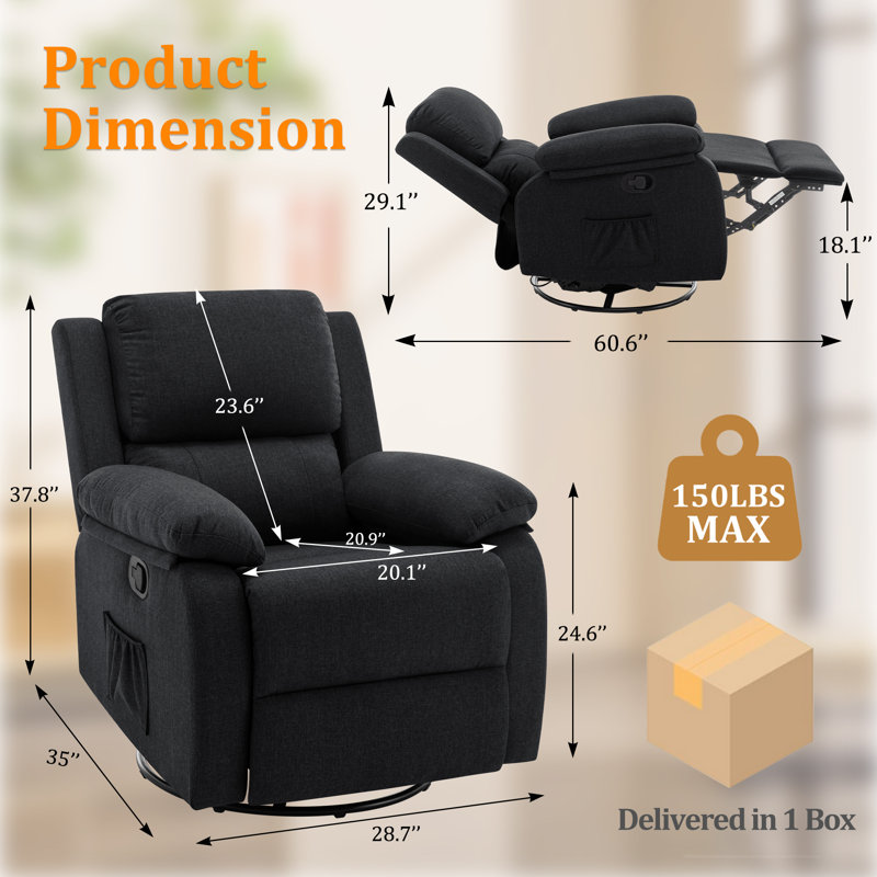 KORSER Recliner Chair, Manual Recliner, 360 Swivel Recliners For Small Spaces ,Rocker Recliner With Side Pockets, Black